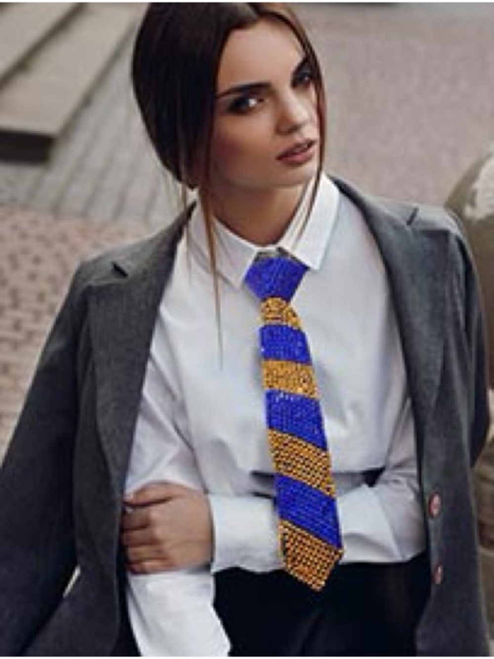 Beaded Chevron Stripe Tie in Royal Blue & Gold - Picture 3 of 3